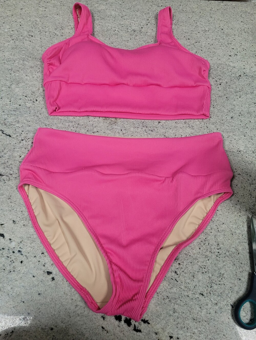 Lands’ End Pink Tugless Ribbed Midkini and High Waisted Bottom Swim Set Large